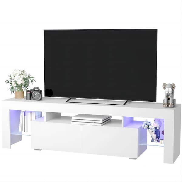 LACOO 62 in. Cyber Vibe White TV Stand Fits TV's up to 70 in. Multicolor Build-In LED Glass Shelves