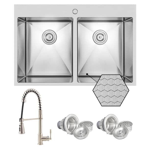 HEX 33 in. Drop-in Double Bowl Stainless Steel Kitchen Sink with Faucet