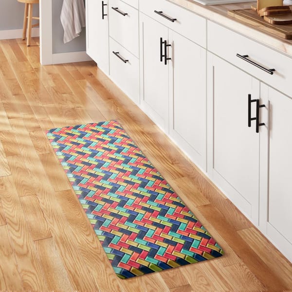 20 in. x 55 in. Red and Blue Party Herringbone Tile Modern Anti Fatigue Indoor Kitchen Mat