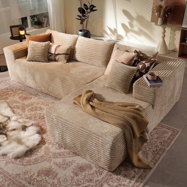 Verve 106 in. Square Arm 2-Piece Modern Plush Corduroy Fabric L-Shape Modular Sectional Sofa in Beige with Right Chaise