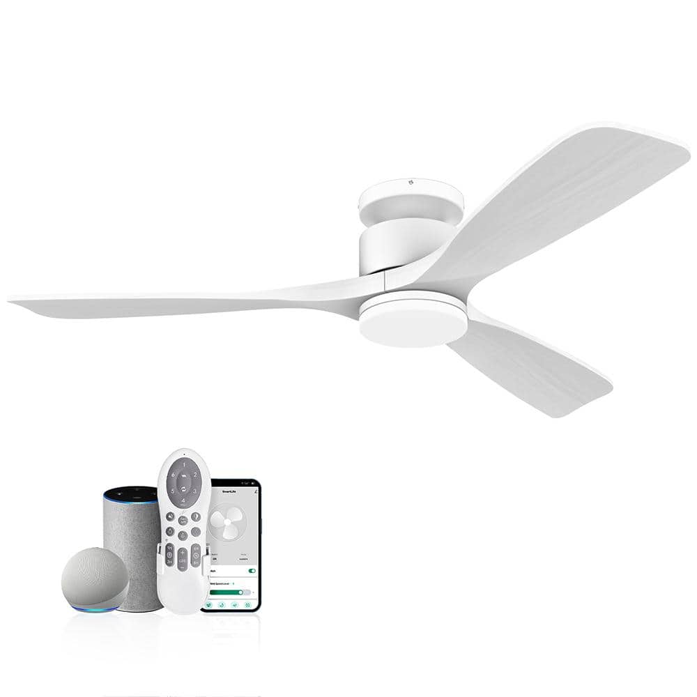 52 in. Smart White Solid Wood White Flush Mount Standard Ceiling Fan with 3CCT Dimmable LED Light and Multi-Control price history on PriceWatchPro