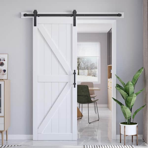 easelife 32 in. x 84 in. British K Shape White MDF Sliding Barn Door with Hardware Kit