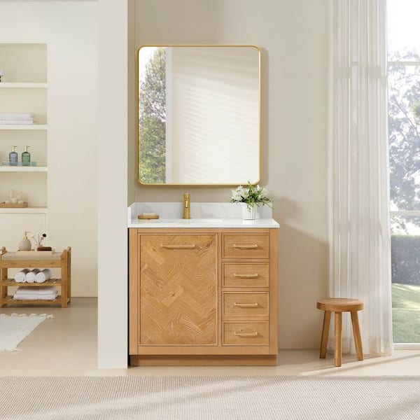 Jakarta 36 in. W x 22 in. D x 34 in. H Single Bath Vanity in Oak Natural Brown with Silk White Quartz Stone Top