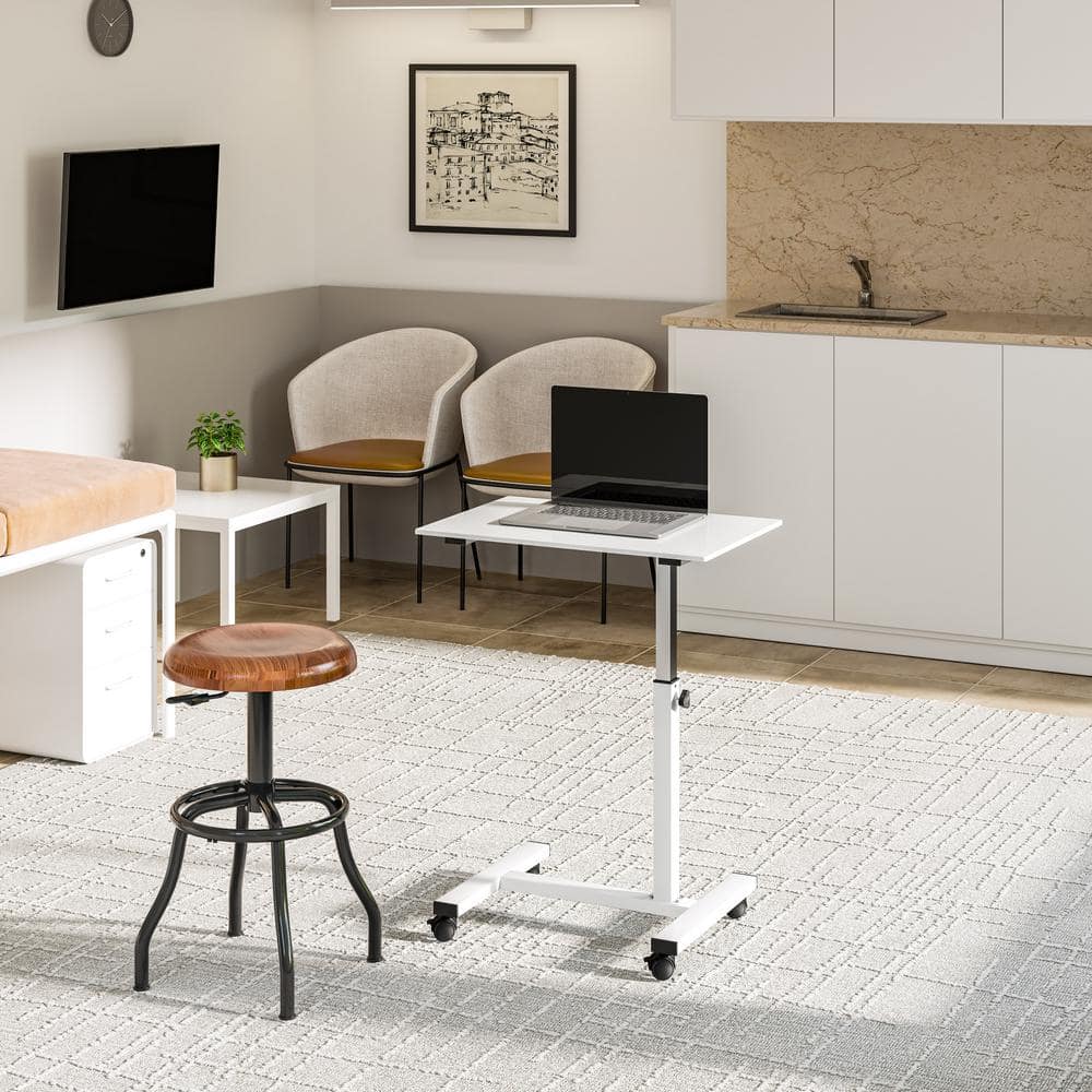 White Adjustable Height Rolling Laptop Desk with Wheels