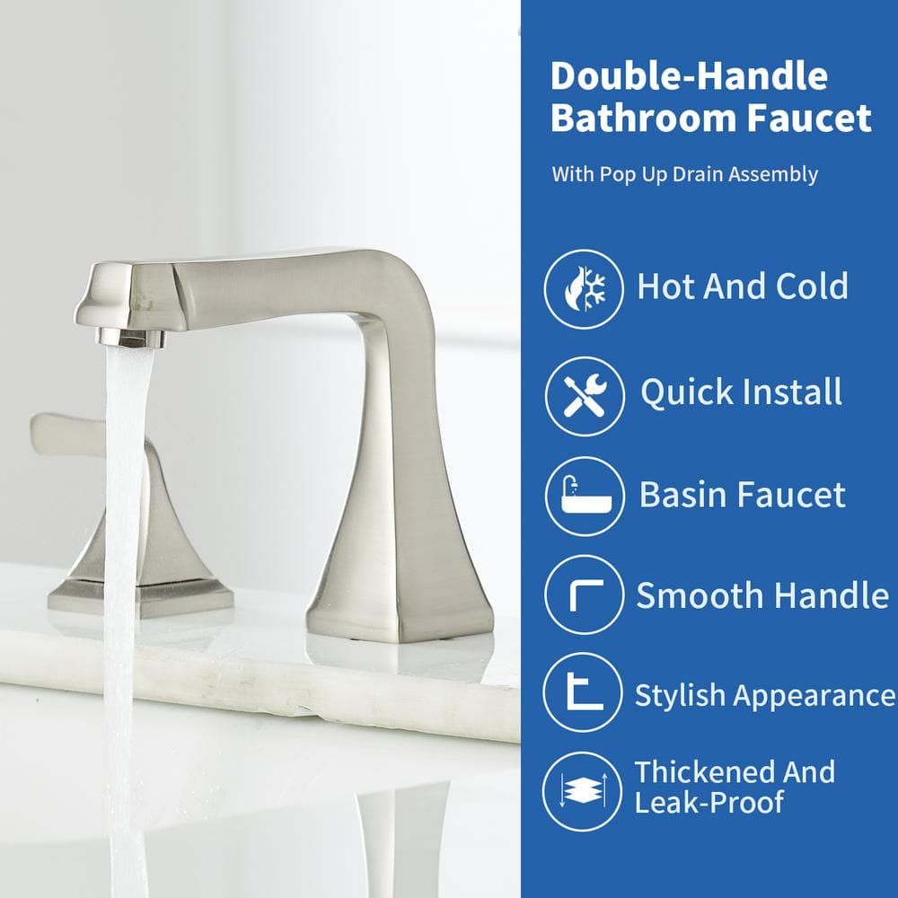 Elegant Brushed Nickel 2-Handle Widespread Bathroom Faucet with Pop-Up Drain