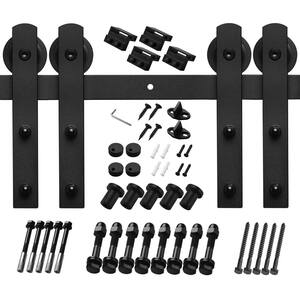 8 ft./96 in. Black Steel Straight Strap Sliding Barn Door Track and Hardware Kit for Double Doors with Floor Guide