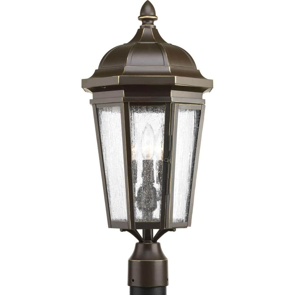 Progress Lighting Verdae Collection 3-Light Antique Bronze Clear Seeded Glass New Traditional Outdoor Post Lantern Light