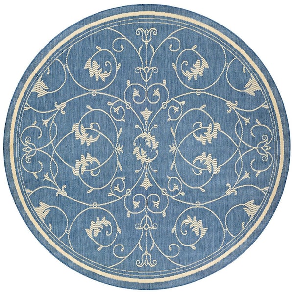 Recife Veranda Ivory-Blue 8 ft. x 8 ft. Flatwoven Floral Round Indoor/Outdoor Area Rug