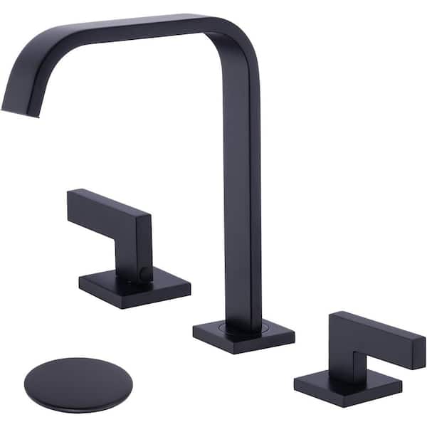 Brass 8 in. Widespread Double Handle Bathroom Faucet with Pop-Up Drian Kit Water Supply Hoses Matte Black