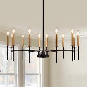 12-Light Modern Farmhouse Black and Gold Chandelier for Dining Room Over Table,Hanging Ceiling Candle Chandeliers
