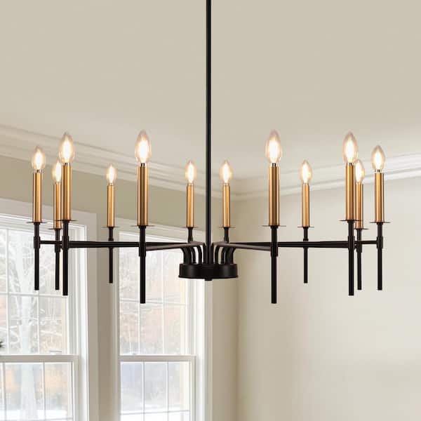 YANSUN 12-Light Modern Farmhouse Black and Gold Chandelier for Dining Room Over Table,Hanging Ceiling Candle Chandeliers