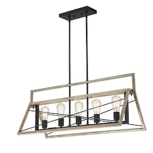 5-Light Matte Black and Barnwood Industrial Triangle Cage Chandelier