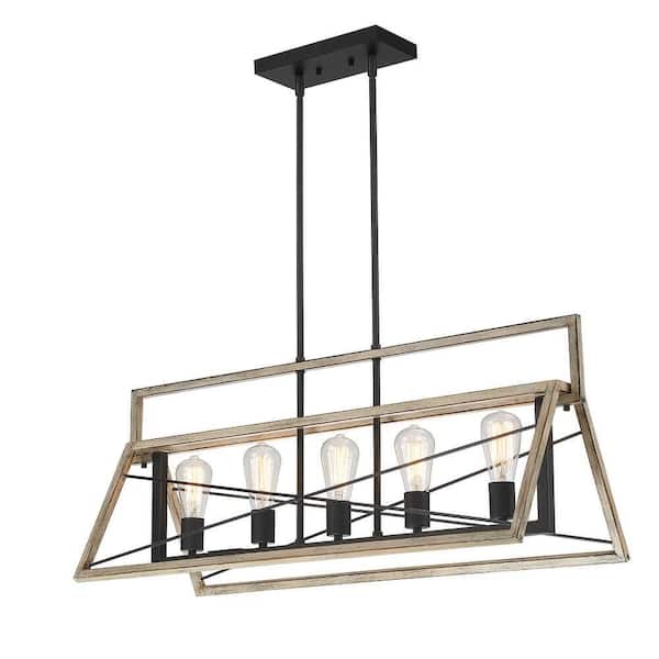 5-Light Matte Black and Barnwood Industrial Triangle Cage Chandelier