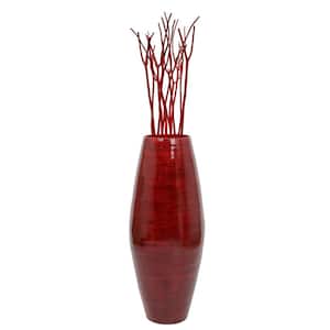 Bamboo Cylinder Floor Vase  - Handcrafted Tall Decorative Vase - Ideal for Dining Room, Living Room, 27.5 in. Red
