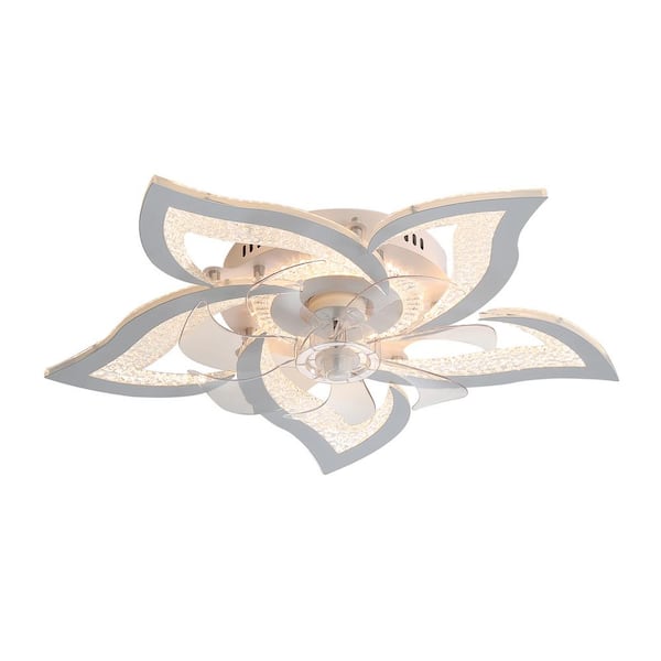 OLUZFAN Modern 27 in. (2.25 ft.) Indoor White Low Profile Flower Ceiling Fan with LED Dimmable Light and Remote Included