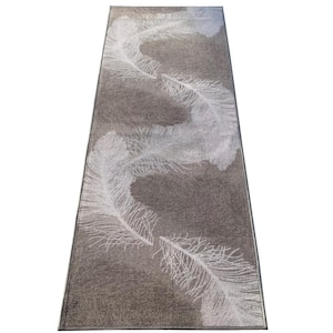 Feather Geometric Gray Color 26 in. Width x Your Choice Length Custom Size Roll Runner Rug/Stair Runner