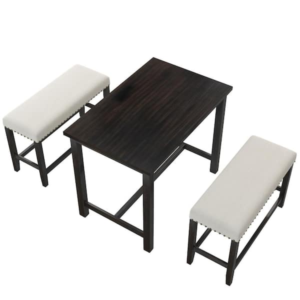 Donason 3-Piece Rectangular Wood Top Beige Counter Height Dining Table Set with 2 Upholstered Benches