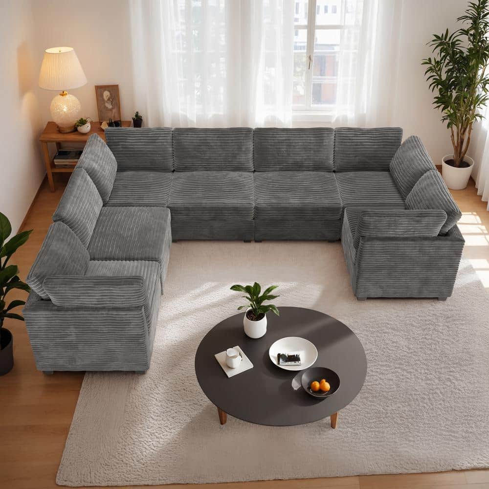 Allwex 130 in. Square Arm Modern 7-Piece Plush Corduroy U