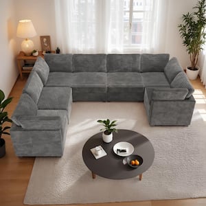 130 in. Square Arm Modern 7-Piece Plush Corduroy U-Shape Free Combination Modular Corner Sectional Sofa in Gray