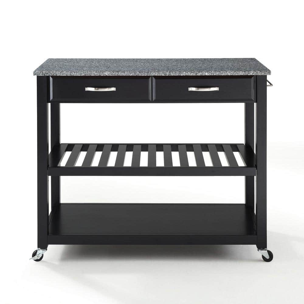 Black Granite Top Kitchen Cart with Wine Rack and Storage