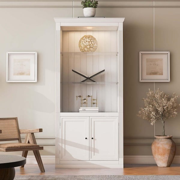 White 78.75 in. Accent Cabinet, Display Cabinet with 5-Colors Dimmable Ceiling Light, Storage and Doors