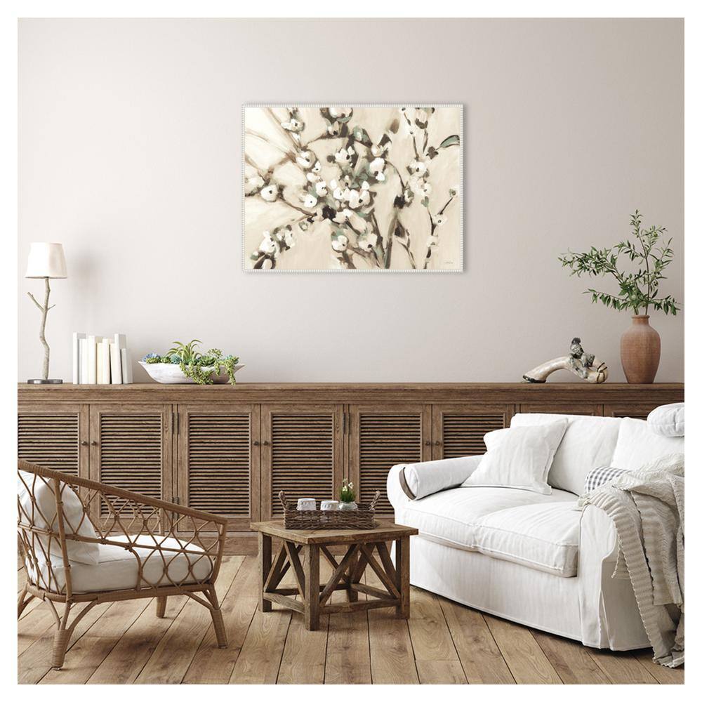 Wild Floral Branches Neutral Canvas Art with White Beaded Frame