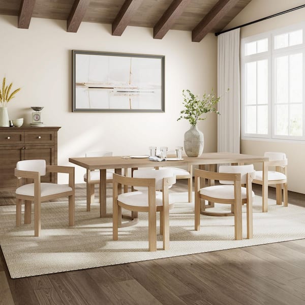 High-End Lines 7-Piece 95 in. Light Natural Dining Sets with 6 Curved Beige Upholstered Chairs