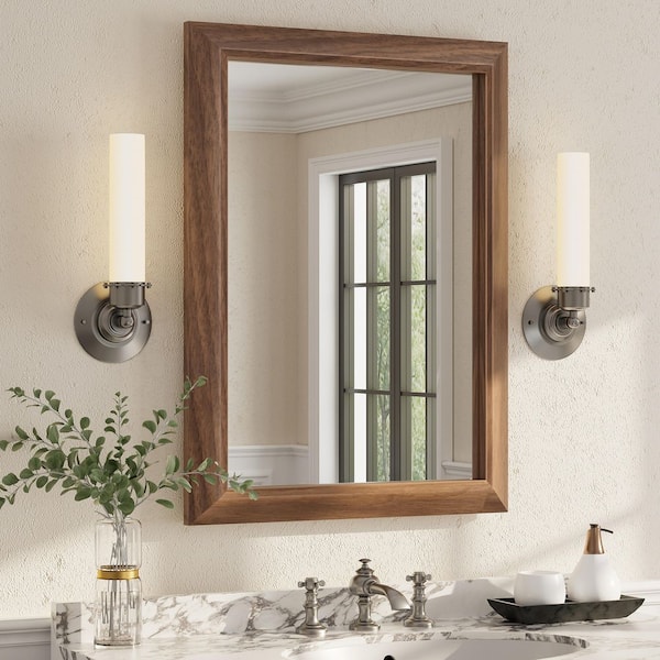 22 in. W x 30 in. H Rectangular Aluminum Alloy Framed and Tempered Glass Wall Bathroom Vanity Mirror in Dark Brown Wood