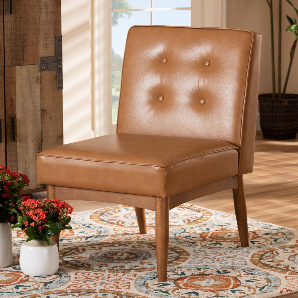 Arvid Walnut Brown Wood & Tan Faux Leather Mid-Century Side Chair