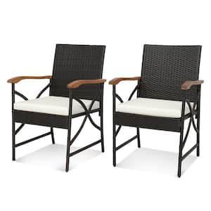 Set of 2 Mix Brown PE Wicker Outdoor Dining Chairs w/Soft Zippered Cushions Armchairs Patio