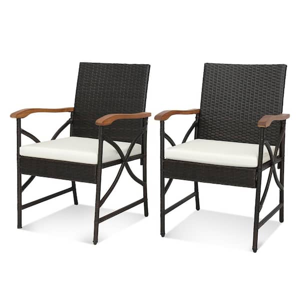 Gymax Set of 2 Mix Brown PE Wicker Outdoor Dining Chairs w/Soft Zippered Cushions Armchairs Patio