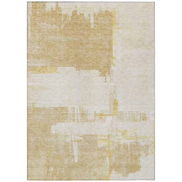 Beige, Gold, Tan 9 ft. x 12 ft. Woven Abstract Polyester Rectangle Indoor/Outdoor Area Rug