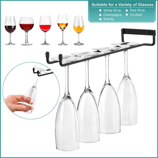 Set Of 4 Black Under Cabinet Wine Glass Racks - 7 Inch Stemware Holders For Kitchen & Bar