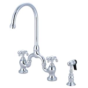 French Country Double-Handle Deck Mount Gooseneck Bridge Kitchen Faucet with Brass Sprayer in Polished Chrome