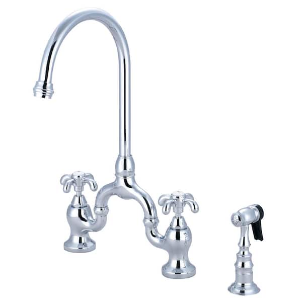 Kingston Brass French Country Double-Handle Deck Mount Gooseneck Bridge Kitchen Faucet with Brass Sprayer in Polished Chrome