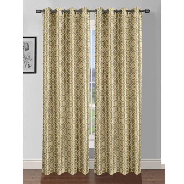 Window Elements Yellow/Grey Geometric Faux Silk Grommet Room Darkening Curtain - 38 in. W x 84 in. L  (Set of 2)