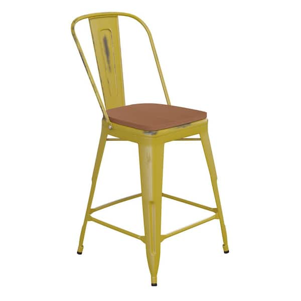 Carnegy Avenue 24 in. Yellow/Teak Metal Outdoor Bar Stool