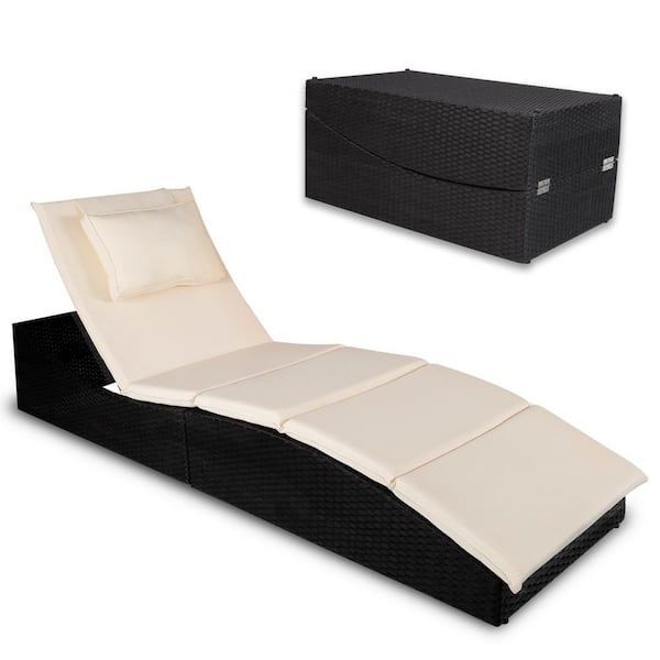 Tunearary Folding Lounge Chair Black Wicker Outdoor Chaise Lounge with Beige Cushion