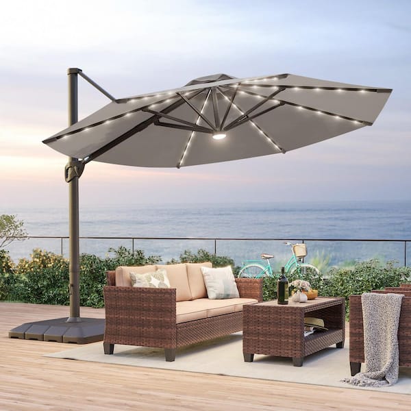 Sonkuki 11 ft. Solar LED Outdoor Round Aluminum Cantilever Umbrellas with Base Stand in Gray
