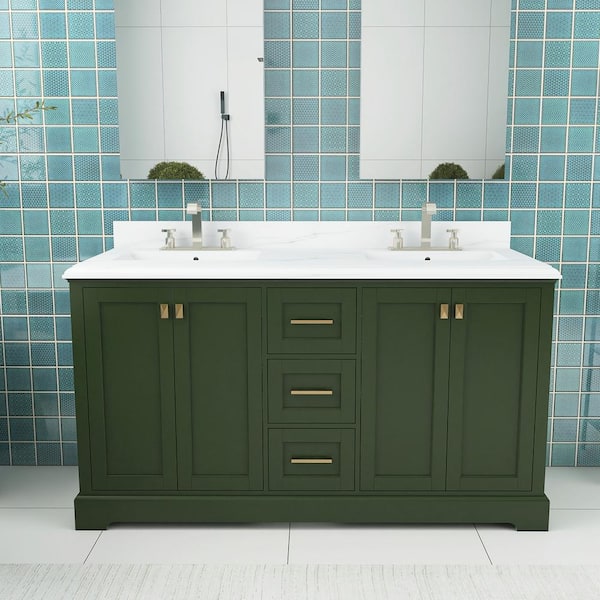 Staykiwi 60.58 in. W x 22.39 in. D x 40.07 in. H Freestanding Bath Vanity in Venetian Green with White Engineered stone