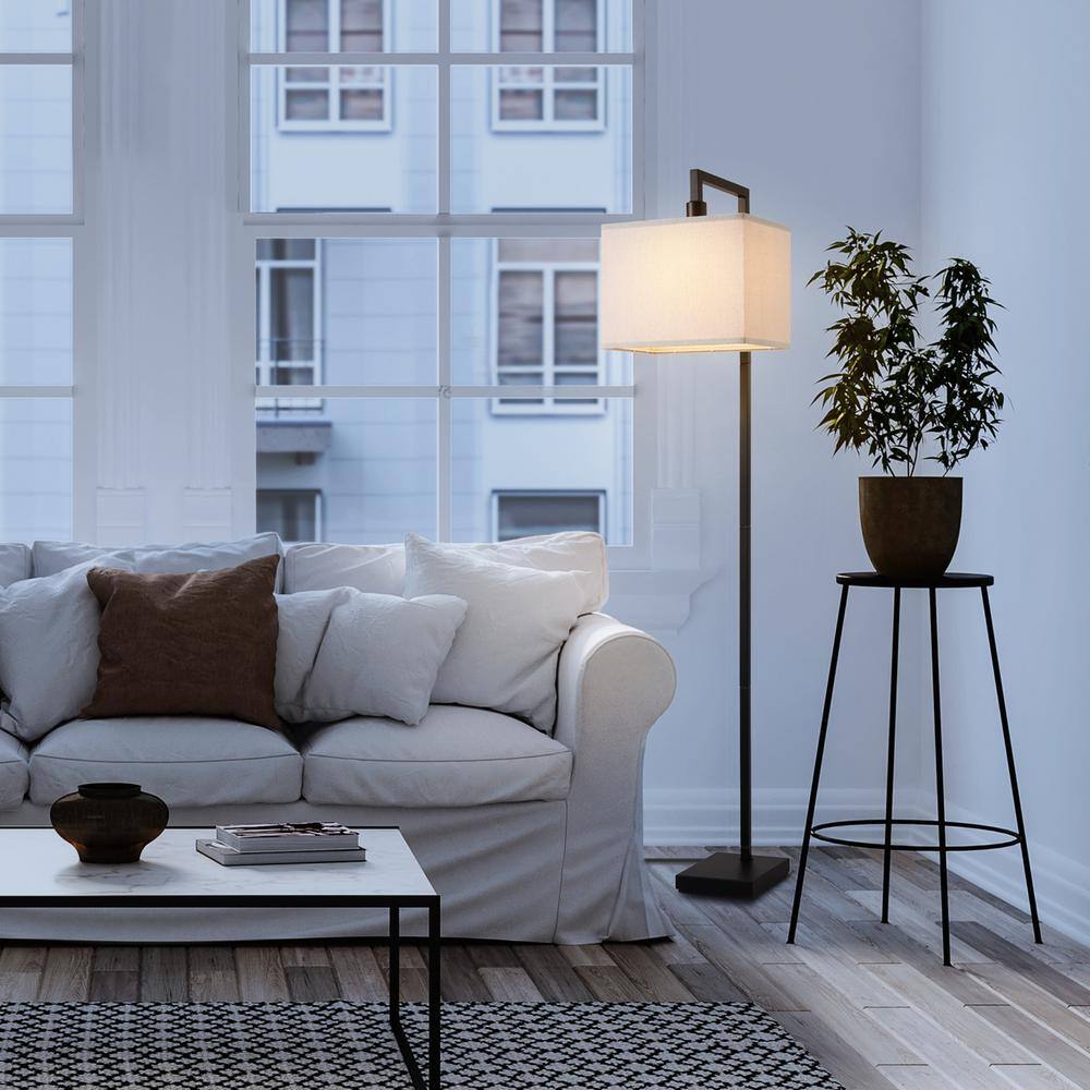 Matte Black Adjustable Floor Lamp with Beige Linen Shade