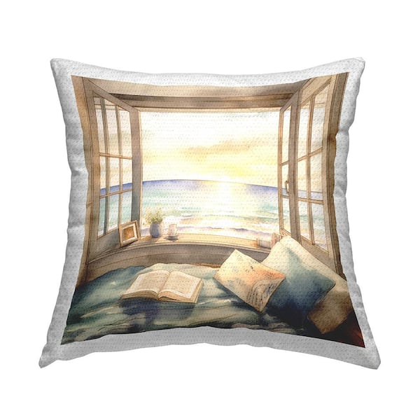 Stupell Industries Coastal Bedroom Window Tan Square Outdoor Throw Pillow