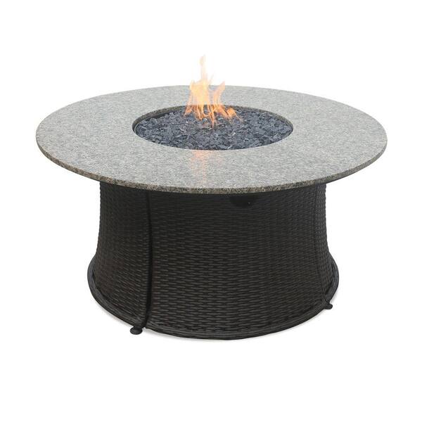 Endless Summer 43 in. W Granite Mantel and Faux Wicker Base LP Gas Fire Pit with Electronic Ignition and Black Fire Glass