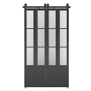 48 in. x 84 in. 3/4 Lites Frosted Glass Black Steel Frame Double Bi-Fold Barn Doors with Hardware Kit and Door Handle