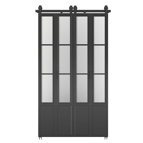 CALHOME 48 in. x 84 in. 3/4 Lites Frosted Glass Black Steel Frame Double Bi-Fold Barn Doors with Hardware Kit and Door Handle