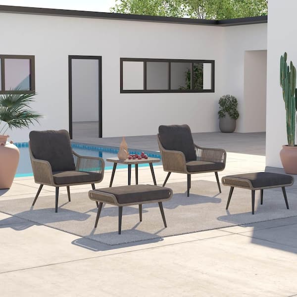 Hallerbos 5-Piece Wicker Patio Conversation Set with Ottomans and Gray Cushions