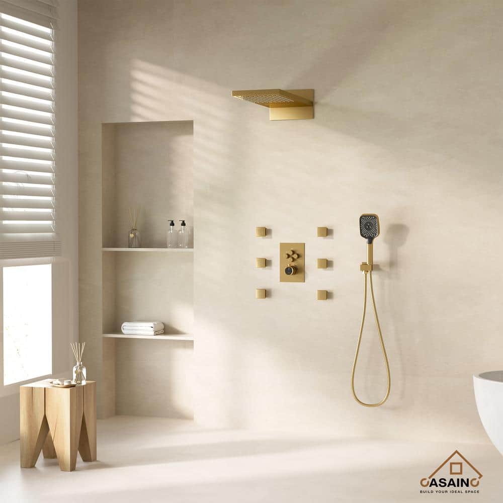 Brushed Gold Wall Mounted Multi-Head Shower System with Body Jets