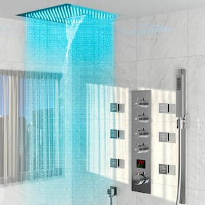 64 LED Smart Light 15-Spray 16 in. Ceiling Mount Dual Shower Head with LCD Temp&Time Display in Brushed Nickel