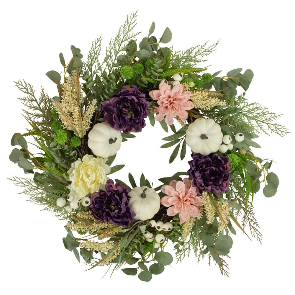 24-Inch Fall Harvest Artificial Peony and Pumpkin Wreath