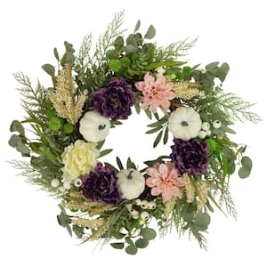 24 in. Unlit Peony and Pumpkin Artificial Fall Harvest Wreath